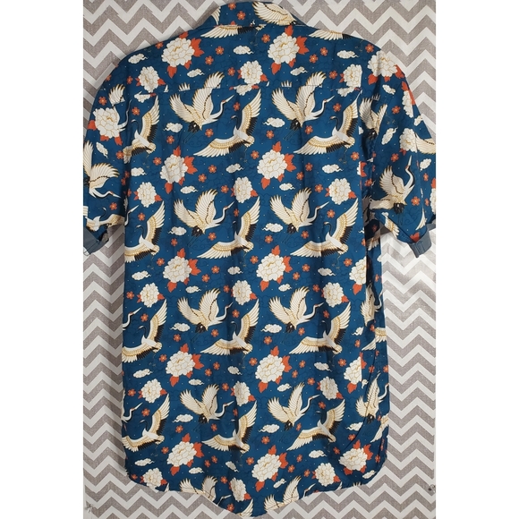 Public Record Polyester Mens Flying Crane Floral Button Up Shirt - Picture 2 of 6